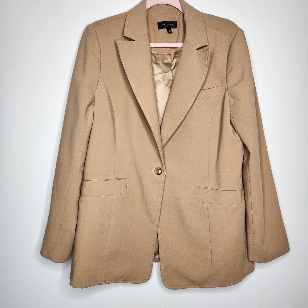 Talbots Tailored Stretch Blazer Neutral Preppy Beige Size 14